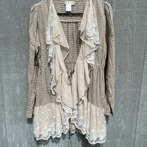 Altar'd State Beige and Cream Ruffle Lace Cardigan Sz medium
